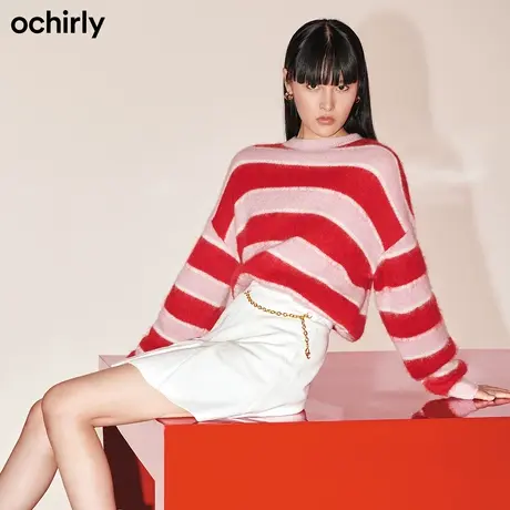 ochirly欧时力新款春装撞色条纹马海毛套头针织毛衣女1NZ403288F商品大图