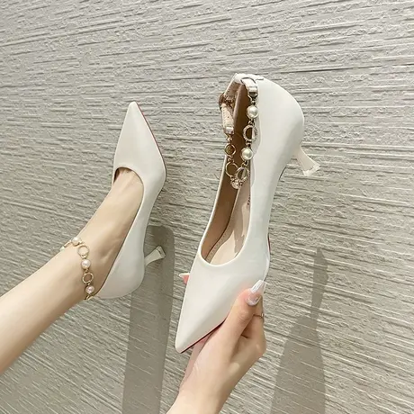 高跟鞋女细跟2023年新款秋季尖头一字扣带中空法式少女单鞋配裙子图片