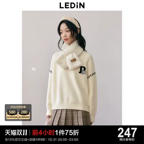 乐町学院风圆领毛衣女23年秋冬新款精致小熊绣标宽松套头针织衫商品大图