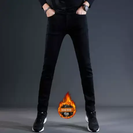 高端牛仔裤男2023秋冬新款加绒加厚修身小脚纯黑色潮流百搭裤子男商品大图