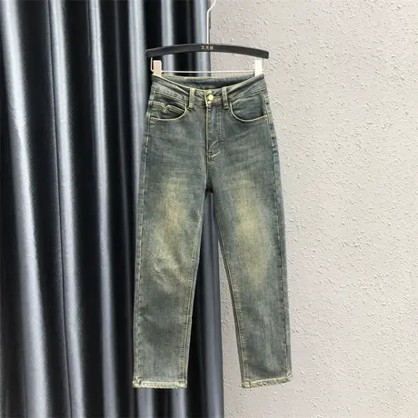 复古高腰烟管裤女23秋冬新款小个子加绒加厚保暖牛仔直筒九分裤潮图片