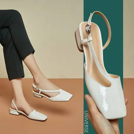清仓凉鞋旗舰店白色纯色方头包头女鞋侧空后空搭扣真皮鞋图片