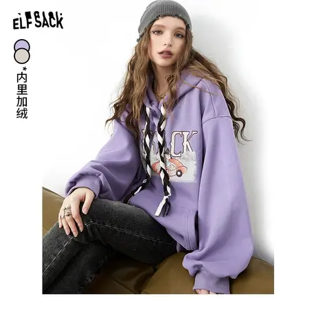 妖精的口袋长袖加绒连帽卫衣女2023冬季新款宽松印花长款套头上衣图片