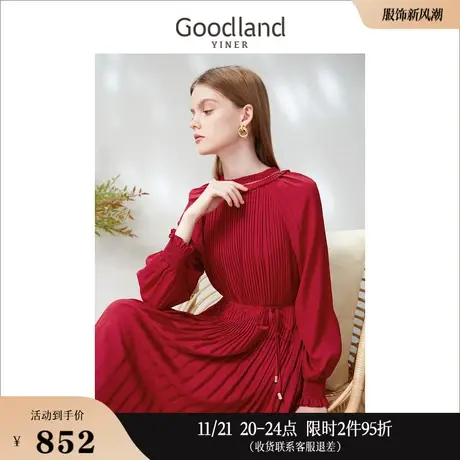 Goodland美地女装2023春季木耳领边泡泡袖连衣裙图片