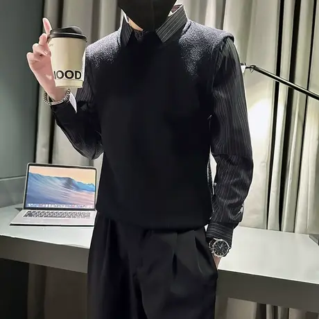 秋冬季个性衬衫领毛衣假两件男痞帅修身打底针织衫发型师休闲上衣商品大图