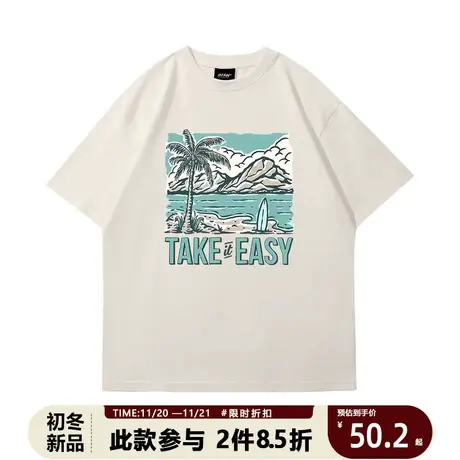短袖T恤美式复古椰风海浪印花纯棉半袖新款慵懒风宽松别致上衣夏商品大图