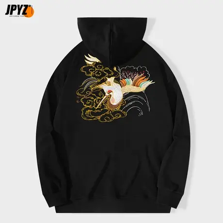 国潮仙鹤刺绣春秋潮流连帽卫衣男情侣装春秋季长袖学院风上衣外套商品大图