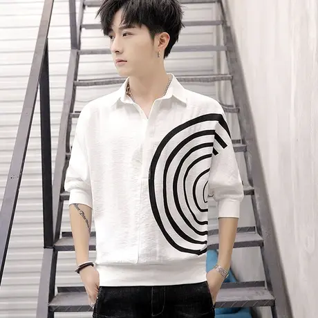 宽松短袖t恤男夏季七分袖体恤ins潮流衣服五分袖衬衫领中袖蝙蝠衫商品大图