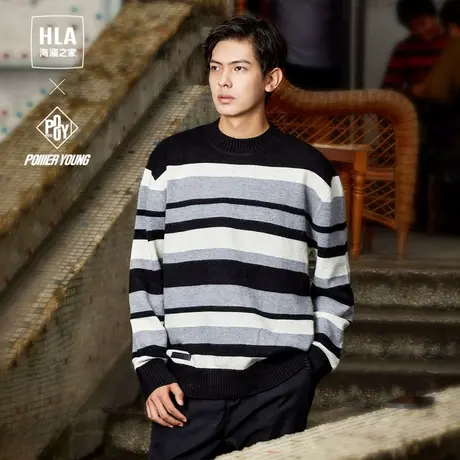 HLA/海澜之家字母刺绣针织衫男23秋冬新款撞色条纹加厚圆领毛衣男商品大图