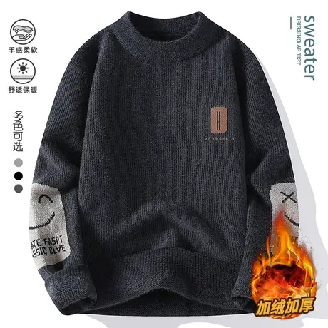 圆领毛衣男款秋冬季加绒加厚套头打底衫潮牌针织衫外套男士毛线衣商品大图