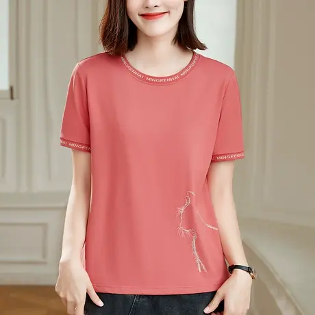正肩圆领t恤女夏2023年新款时尚设计感洋气中年妈妈上衣垂感体恤商品大图