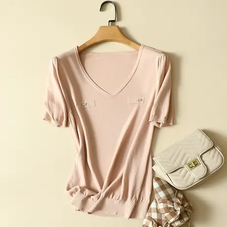 冰丝针织衫短袖t恤女2024年春夏新款V领宽松显瘦薄款打底衫女上衣商品大图