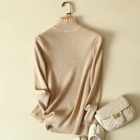 秋冬新款蕾丝拼接半高领针织衫女士洋气纯色内搭打底衫显瘦毛衣女商品大图