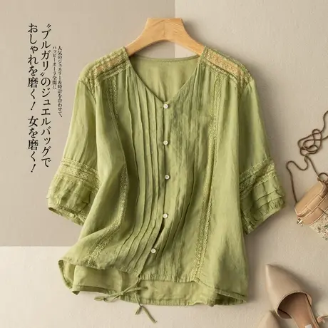 七分袖苎麻上衣女刺绣宽松文艺复古别致小众设计夏天薄款2022新款图片