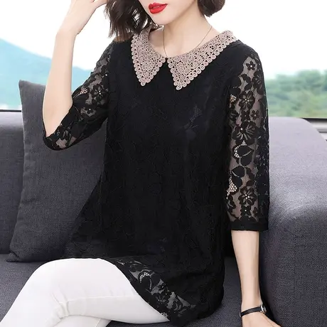 七分袖上衣女2023年新款春夏季中袖蕾丝衫大码洋气妈妈春秋装中年图片