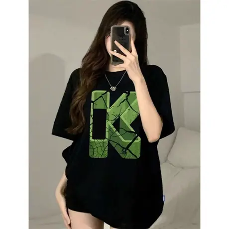 夏季新款百搭爆款黑色纯棉中长款短袖t恤女宽松字母印花遮屁股ins商品大图