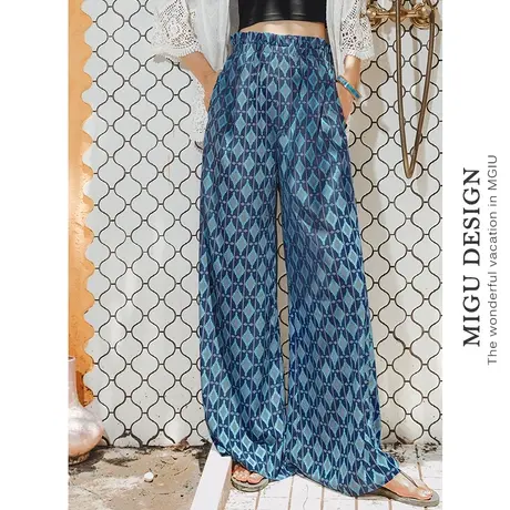 弥古夏季长裤雪纺阔腿裤女格子花裤子拖地裙裤薄款波西米亚沙滩裤商品大图