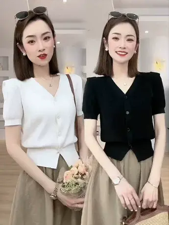 2025夏季新款复古高级感甜辣短袖V领泡泡袖短款针织开衫T恤上衣女商品大图