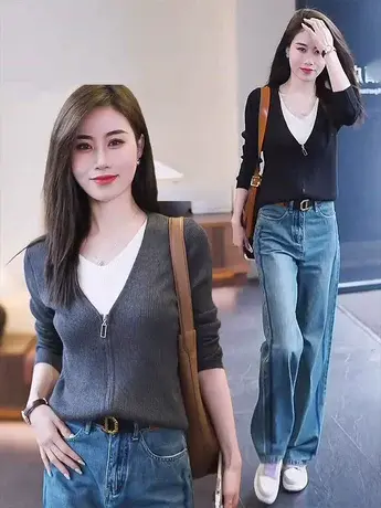 假两件V领打底针织衫女2023秋季新款弹力显瘦遮肚子洋气内搭上衣商品大图