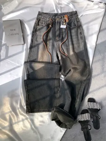 美式复古抽绳加绒牛仔阔腿裤2023冬季新款显瘦百搭高腰宽松直筒裤商品大图