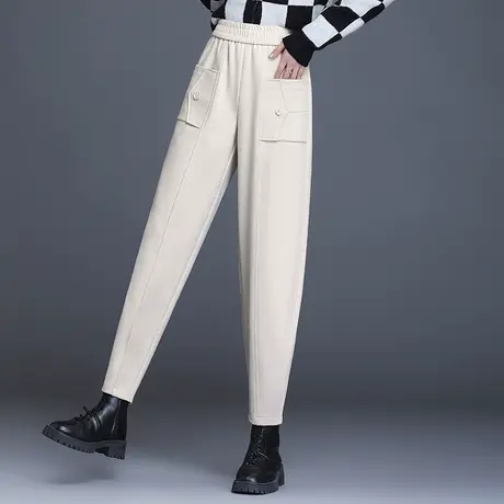 毛呢九分萝卜裤女秋冬2023新款松紧腰大码宽松哈伦裤胖MM休闲裤子商品大图