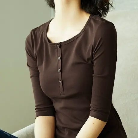 长袖t恤女秋装洋气七分袖圆领针织打底衫内搭体恤设计感修身上衣商品大图