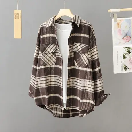 加厚磨毛呢子格子衬衫外套女秋冬季2024新款毛呢衬衣宽松开衫上衣图片