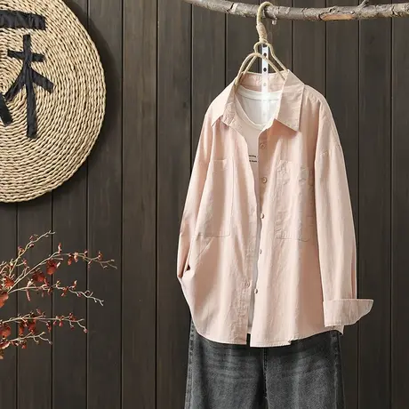 枫谜2022年秋季新款复古宽松长袖衬衫纯色翻领休闲百搭衬衣女商品大图