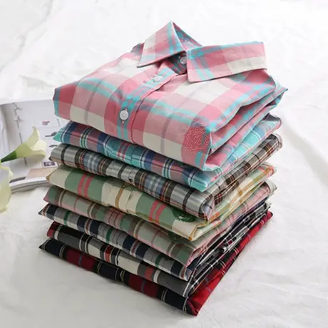 2021春季新款韩范百搭格子衬衫女长袖文艺小清新学生纯棉打底衬衣图片