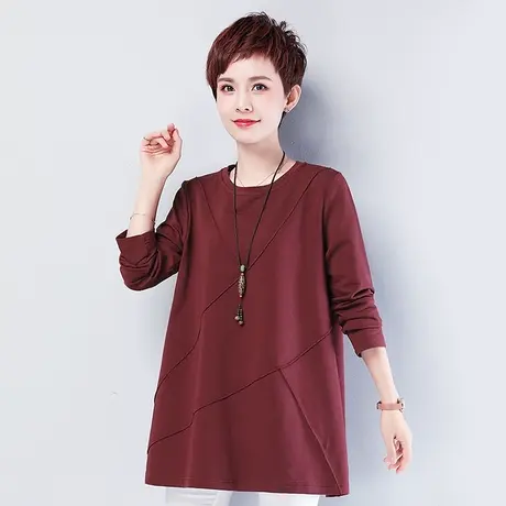 春季加肥加大码女装宽松中长款妈妈遮肚打底衫女纯棉圆领中年T恤商品大图