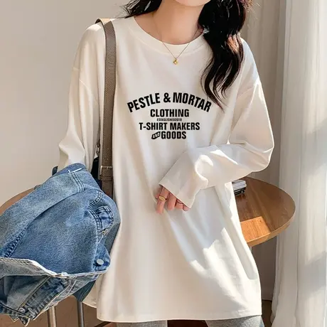 纯棉长袖t恤女中长款叠穿内搭2022年秋季新款韩版宽松上衣打底衫图片