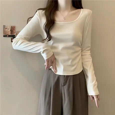 ins超火方领正肩长袖T恤女2024秋季新款修身短款内搭上衣打底小衫商品大图