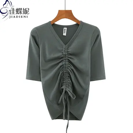 早秋新款V领抽绳修身纯欲纯棉纯色韩版短袖体恤上衣内搭女打底衫商品大图