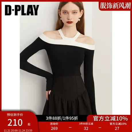 DPLAY秋季法式挂脖上衣复古黑色一字肩上衣露肩修身针织衫毛衣图片
