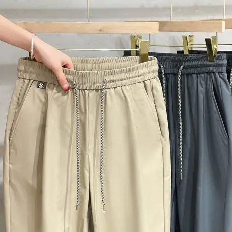 春夏季薄款冰丝休闲裤男士宽松直筒九分裤子男装冰丝松紧腰小西裤商品大图