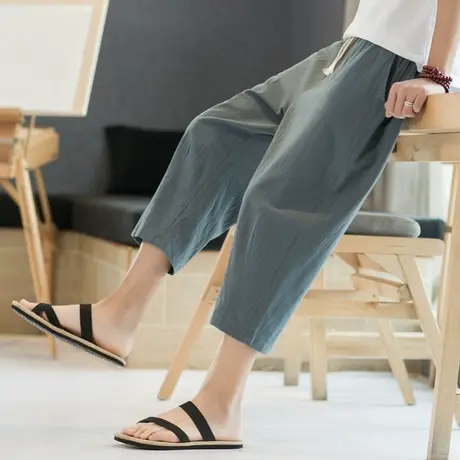 亚麻休闲短裤男士宽松八分哈伦裤夏季薄款直筒裤潮流棉麻七分裤潮商品大图