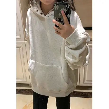 纯色简约连帽卫衣女秋冬加绒加厚宽松显瘦bf慵懒风上衣外套ins潮商品大图