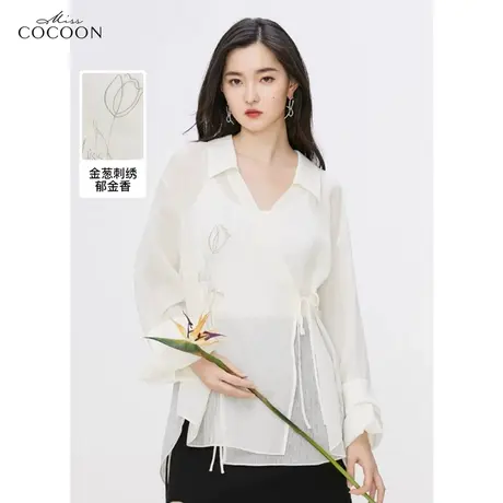 missCOCOON仿真丝轻薄白衬衫女装2023夏季新款宽松提花设计感上衣商品大图