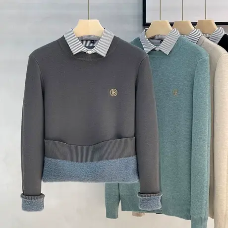 一体绒假两件毛衣男士打底衫秋冬新款加厚绒线衣休闲针织衫上衣男商品大图