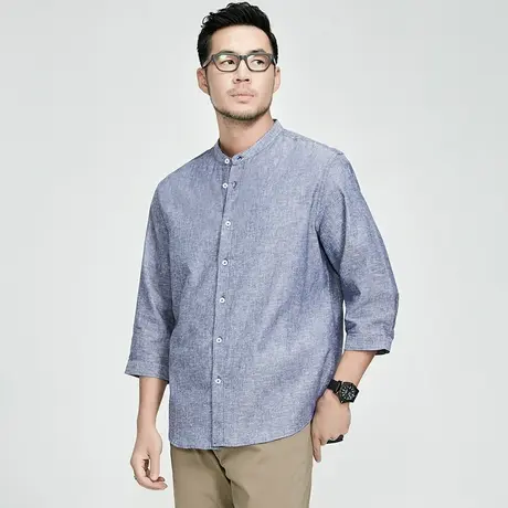 格慕施夏季亚麻七分袖衬衫男薄款透气大码宽松棉麻立领短袖衬衣服图片