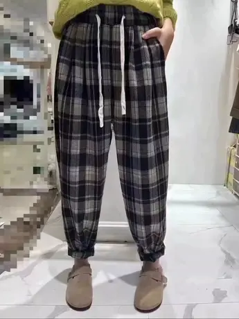 毛呢格子裤女冬2023年新款加绒高腰小个子配马丁靴宽松显瘦萝卜裤商品大图