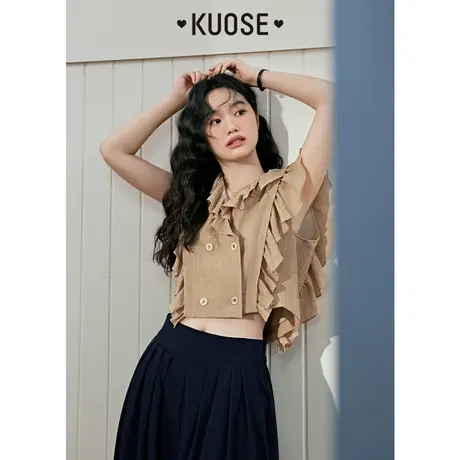 阔色法式V领荷叶边衬衫女2023新款夏季无袖衬衣收腰短款复古上衣图片