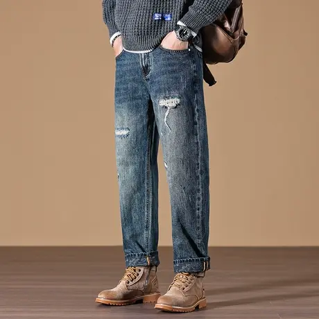 时尚做旧高档牛仔裤男款水洗修身小脚牛仔裤百搭直筒休闲牛仔裤商品大图