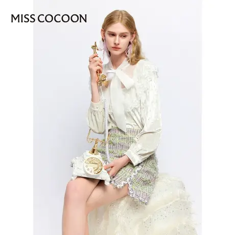 可可尼COCOON2024早秋新款复古宫廷风蕾丝花边网纱拼接丝绒衬衫女图片