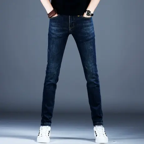男士新款牛仔裤男潮牌深蓝色裤子修身百搭小脚2023秋冬季潮牌休闲商品大图