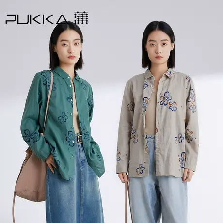 蒲PUKKA 棉麻衬衫女2024春夏新款复古印花艺术感气质衬衣图片