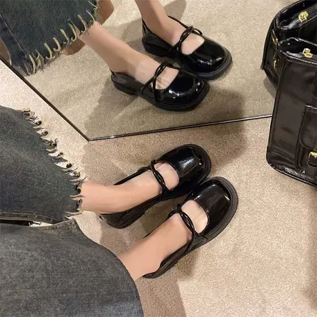 法式玛丽珍鞋女2023年秋冬季新款交叉绑带气质单鞋粗跟浅口小皮鞋商品大图