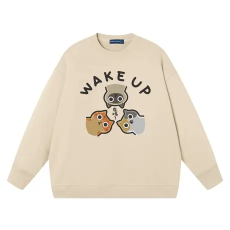 秀洛在吗凝视三猫趣味卡通宽松圆领套头卫衣男日系纯棉长袖衣服商品大图