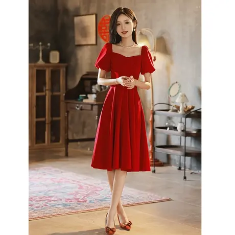 订婚连衣裙小个子新娘红色礼服敬酒服女夏季薄款缎面法式回门便装图片