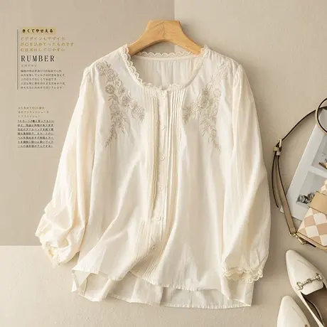 享永子刺绣蕾丝拼接圆领衬衫女文艺复古宽松琴褶上衣春秋2023新款商品大图